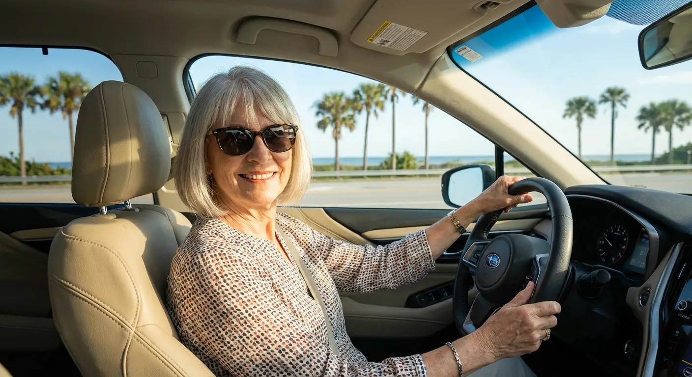 Senior woman driving confidently in Florida with palm trees in background.