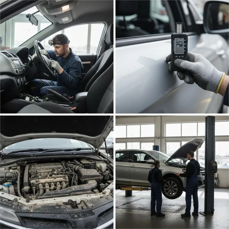Physical inspection of a used car for hidden flood damage and poorly repaired accident history showing paint thickness gauge and under-hood inspection