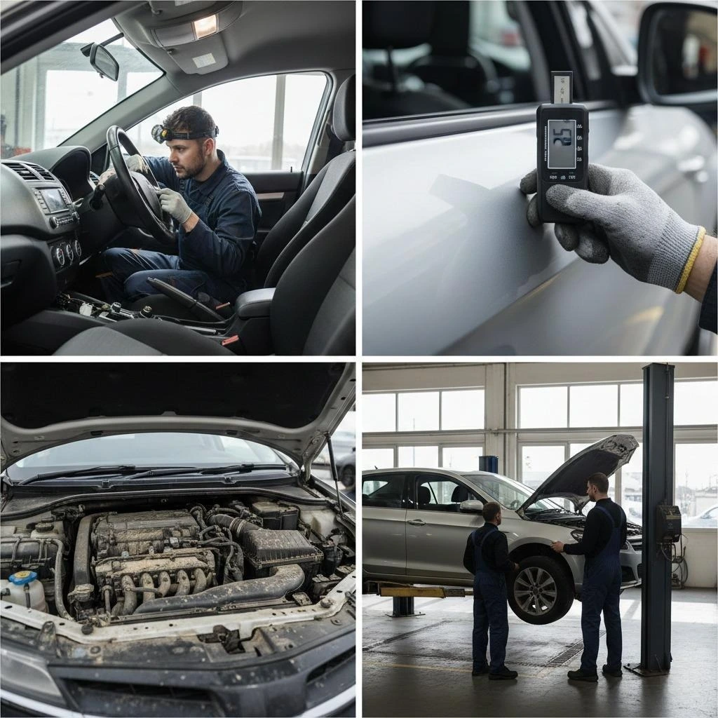 Physical inspection of a used car for hidden flood damage and poorly repaired accident history showing paint thickness gauge and under-hood inspection