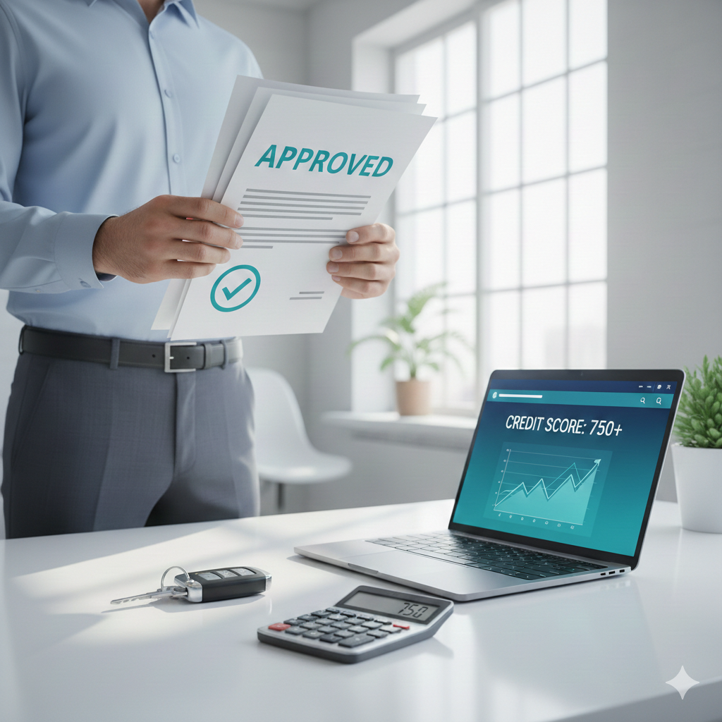 Pre-approved car loan documents with checkmark, car keys and calculator on desk