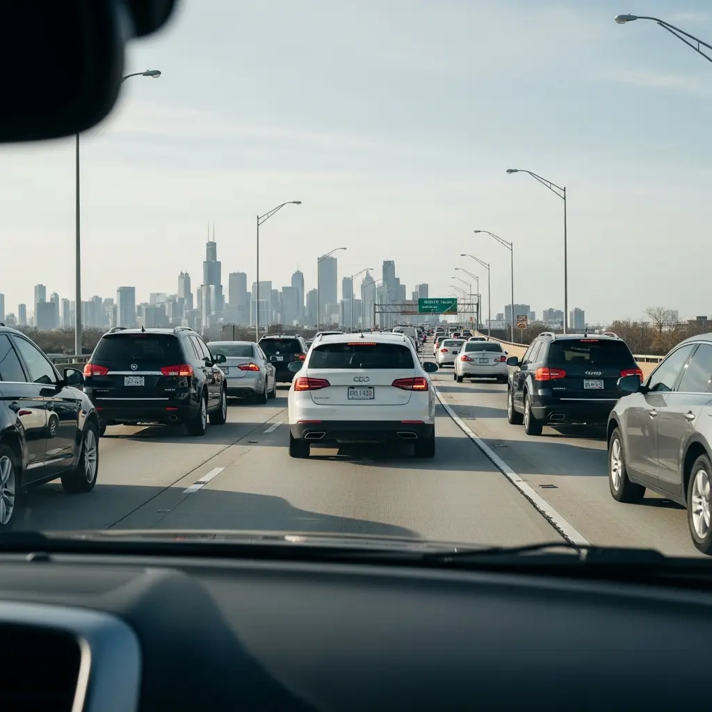 Rush hour traffic on the Dan Ryan Expressway in Chicago illustrating the risks of Illinois 25/50/20 minimum auto insurance coverage.