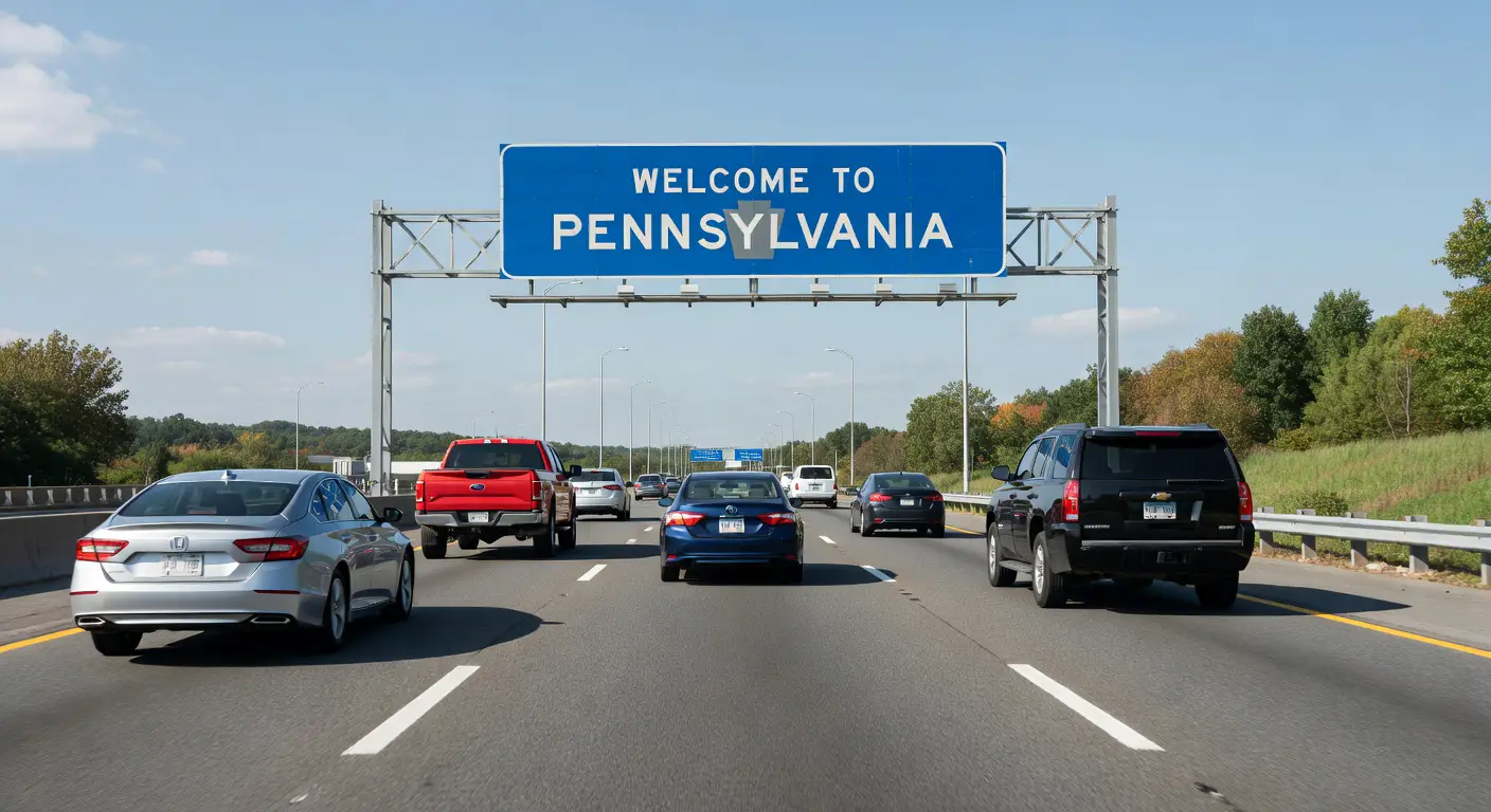 Pennsylvania state border with interstate traffic showing out-of-state vehicles that affect limited tort restrictions.