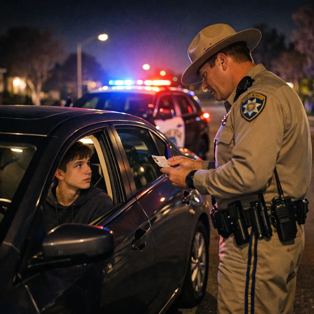 California teen driver being cited by police officer for provisional license curfew violation at night.