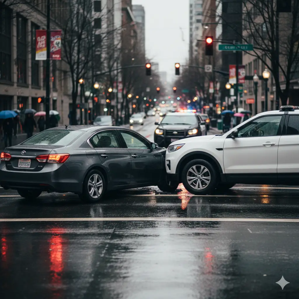 Minor car accident at a downtown Seattle intersection on a rainy day, showing a damaged SUV and sedan with police arriving.