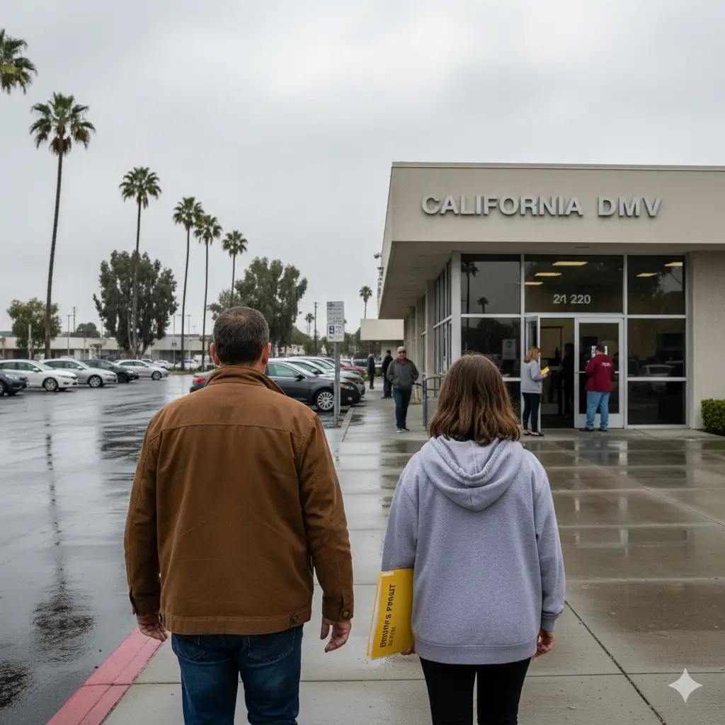 Parent and teen approaching DMV office on permit test day