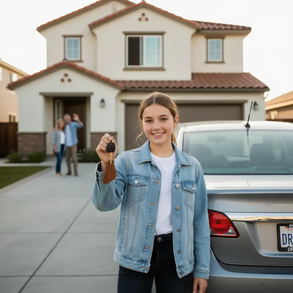 A California teenage driver holding car keys next to the family car with parents in the background.