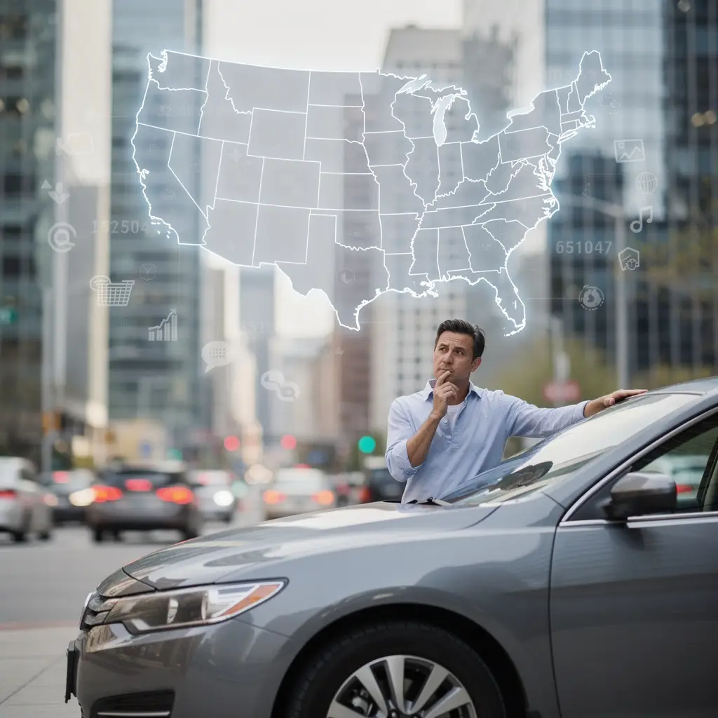 Homme appuyé contre sa voiture en ville, réfléchissant à l’assurance auto, avec une carte des États‑Unis en surimpression représentant les exigences d’assurance par État.