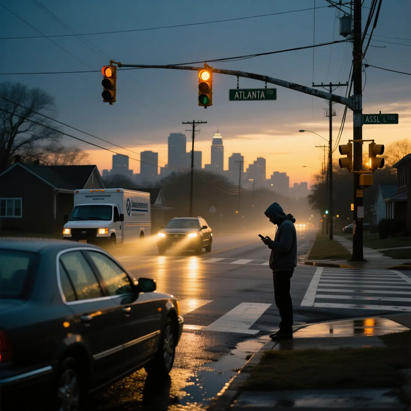 Moody dusk street scene in an Atlanta suburb with cars crossing an intersection, one vehicle slightly out of focus symbolizing uninsured drivers.