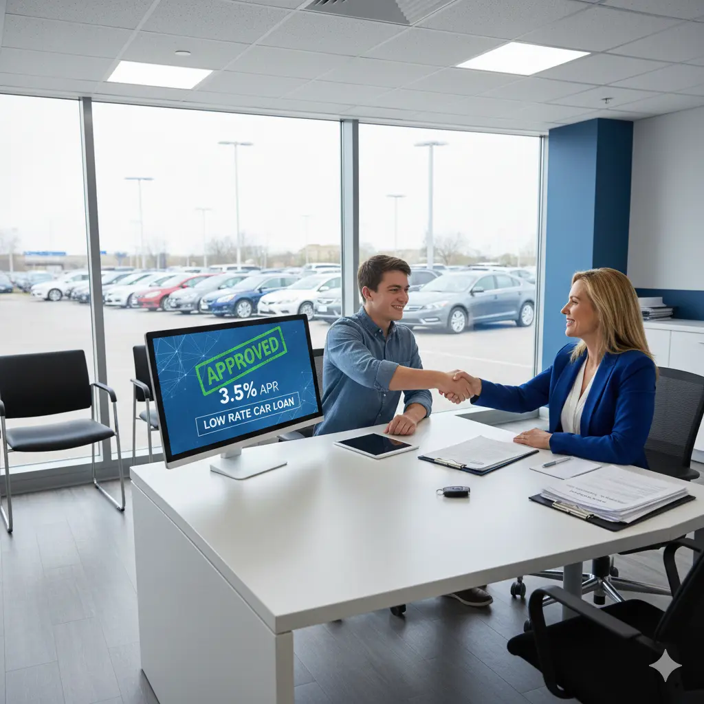 Young adult shaking hands with bank loan officer over car loan documents and keys in modern office