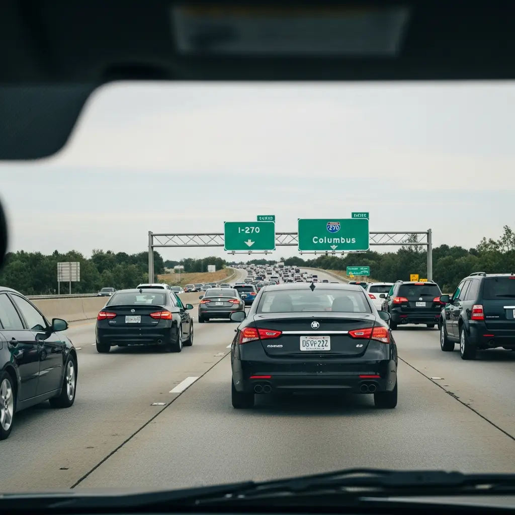 Heavy traffic on Ohio interstate highway I-270 near Columbus with highway signs showing directions to Cleveland, Columbus East, and Cincinnati.