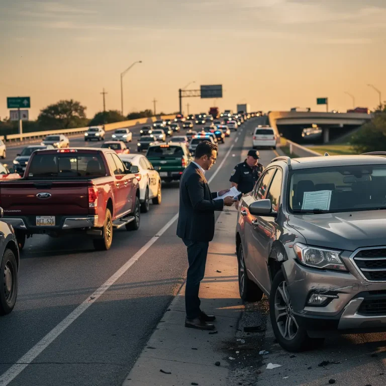 Texas traffic stops on a busy highway where a driver presents insurance documents after a minor collision, illustrating proof of auto insurance requirements