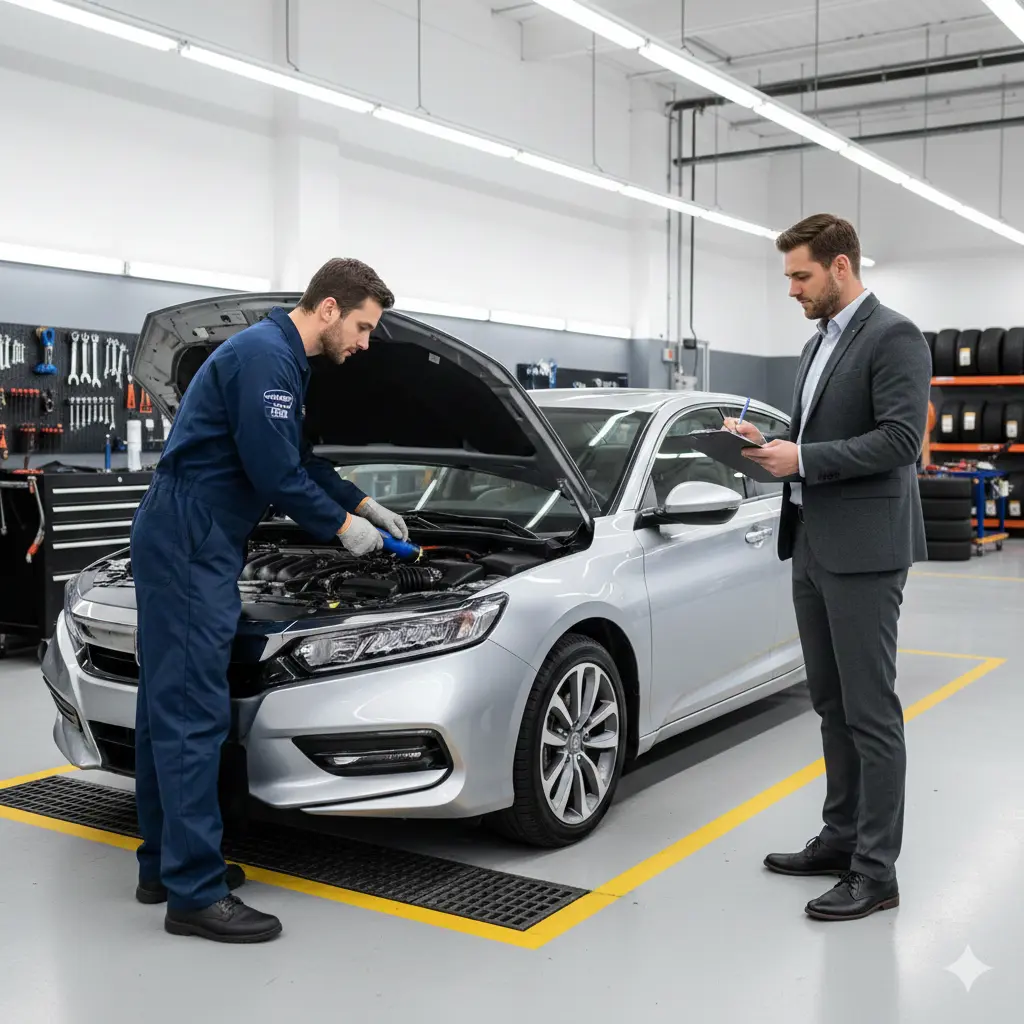 complete used car buying guide showing professional mechanic and buyer inspecting pre-owned vehicle with checklist