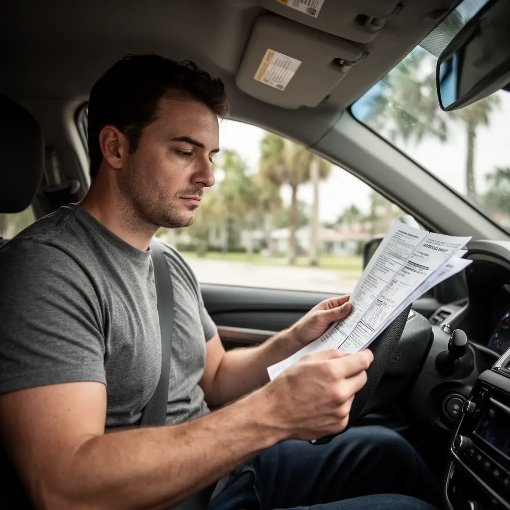 Florida driver reviewing insurance paperwork inside a car.