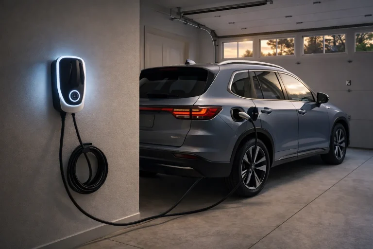 Best Level 2 home EV charger installed in a U.S. garage charging an electric SUV overnight