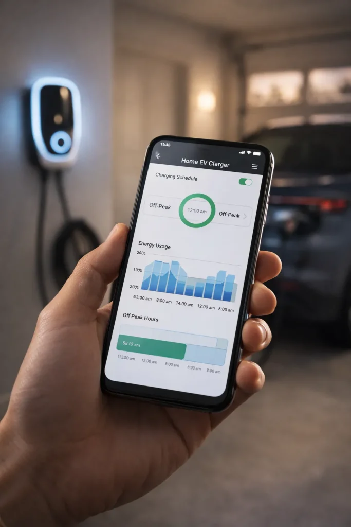 Smart home EV charger app showing charging schedule and energy monitoring