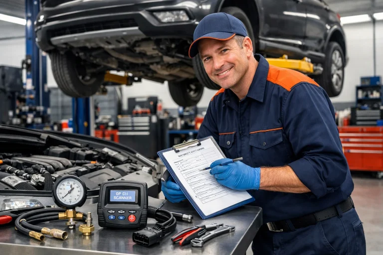 Professional mechanic performing pre-purchase inspection on used car