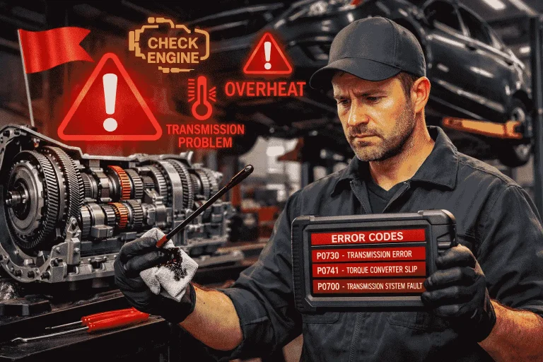 Mechanic checking dark transmission fluid showing warning signs of problems