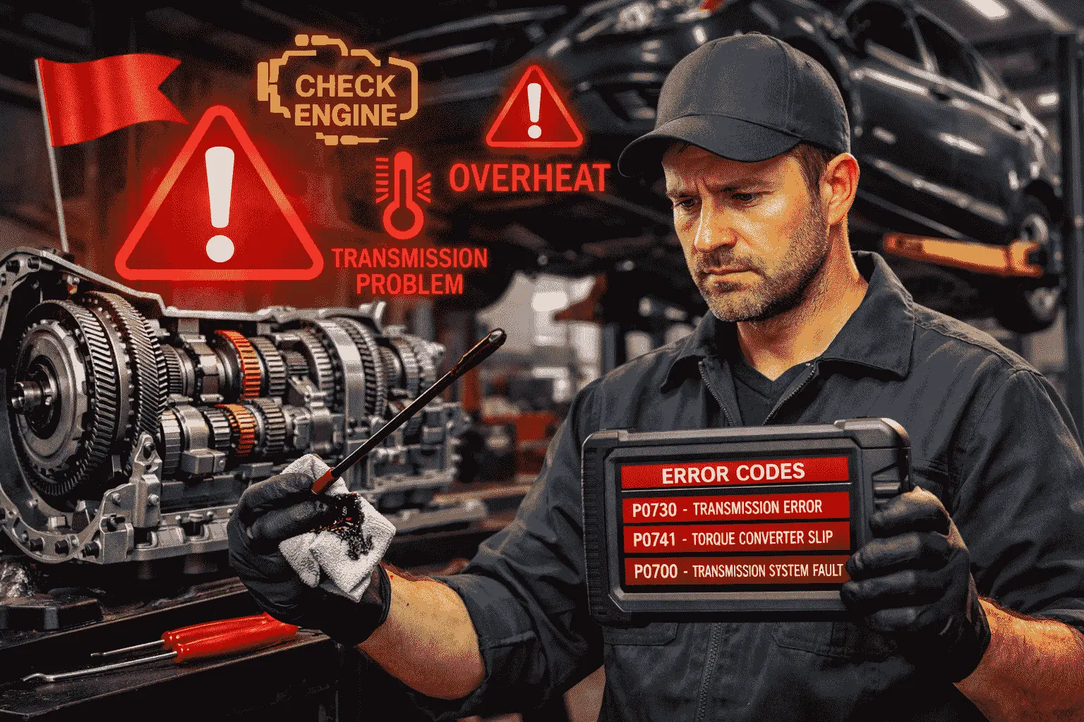 Mechanic checking dark transmission fluid showing warning signs of problems