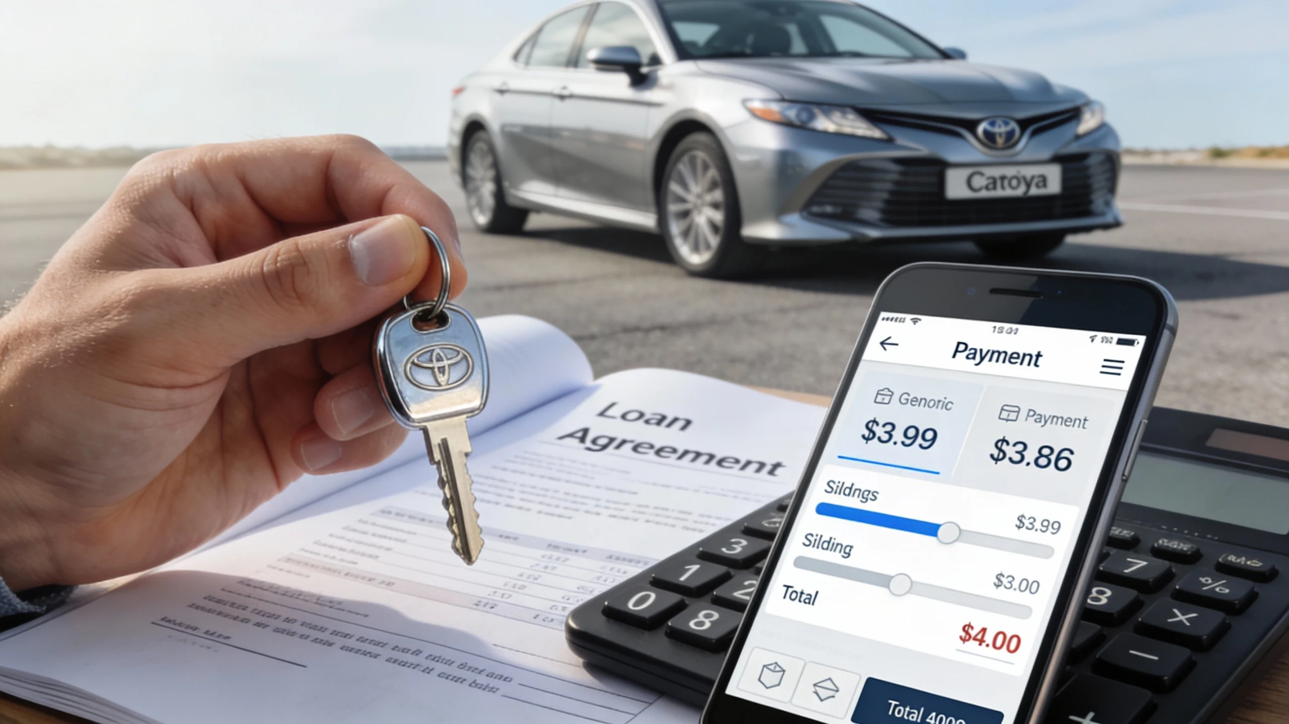 Used car financing concept with car keys, calculator, and loan paperwork