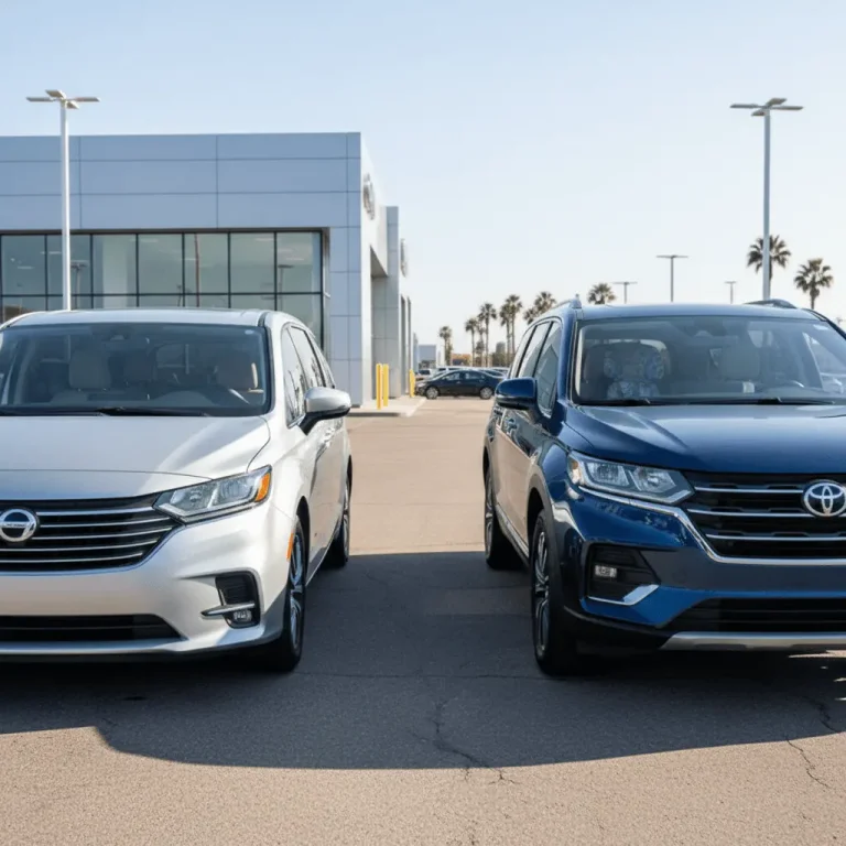 Minivan and 3-row SUV parked side by side, representing family vehicle picks under $30,000 in 2026