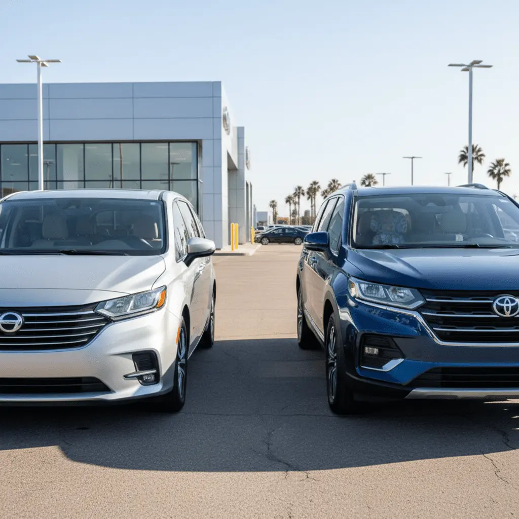 Minivan and 3-row SUV parked side by side, representing family vehicle picks under $30,000 in 2026