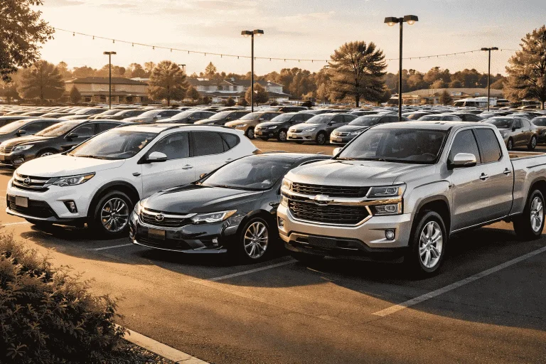 Diverse selection of reliable used cars including SUVs, sedans, and trucks in a professional dealership lot representing different budget categories under $20,000