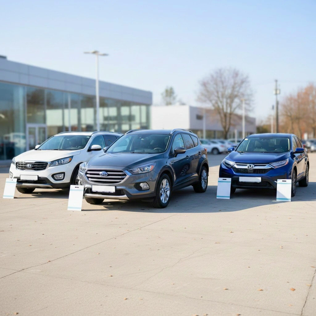Used compact SUVs parked in a dealership lot representing top picks under $20,000 in 2026