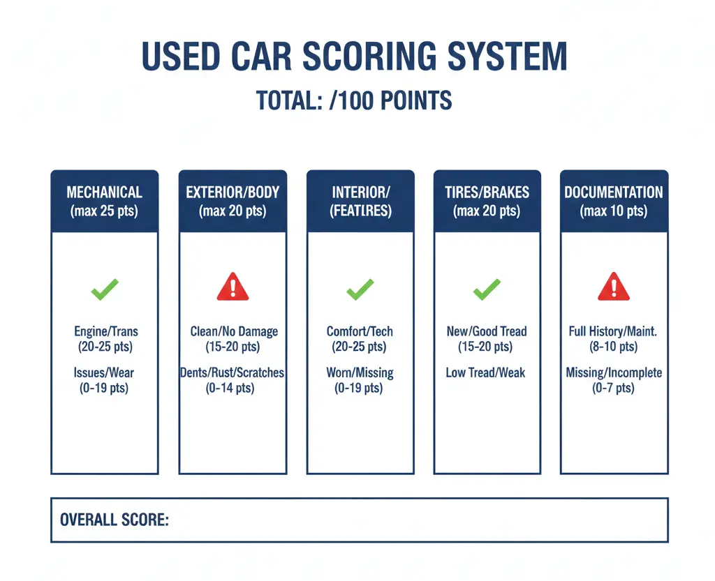 Emotional car buying objectivity score chart - 100 point used car evaluation system
