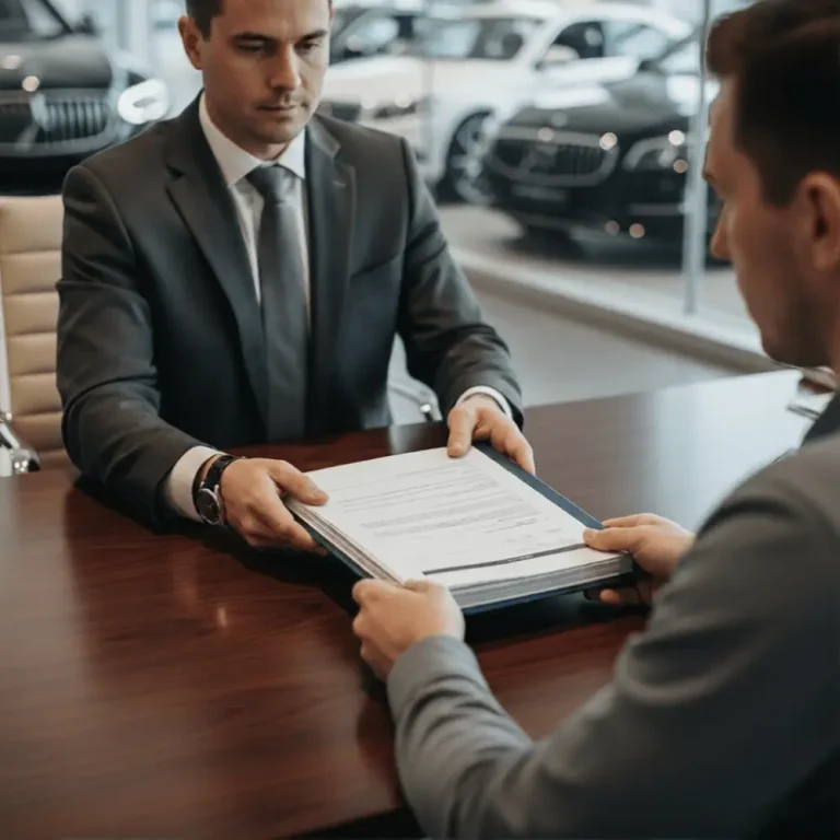 Finance manager presenting extended warranty scams on used cars across a dealership desk