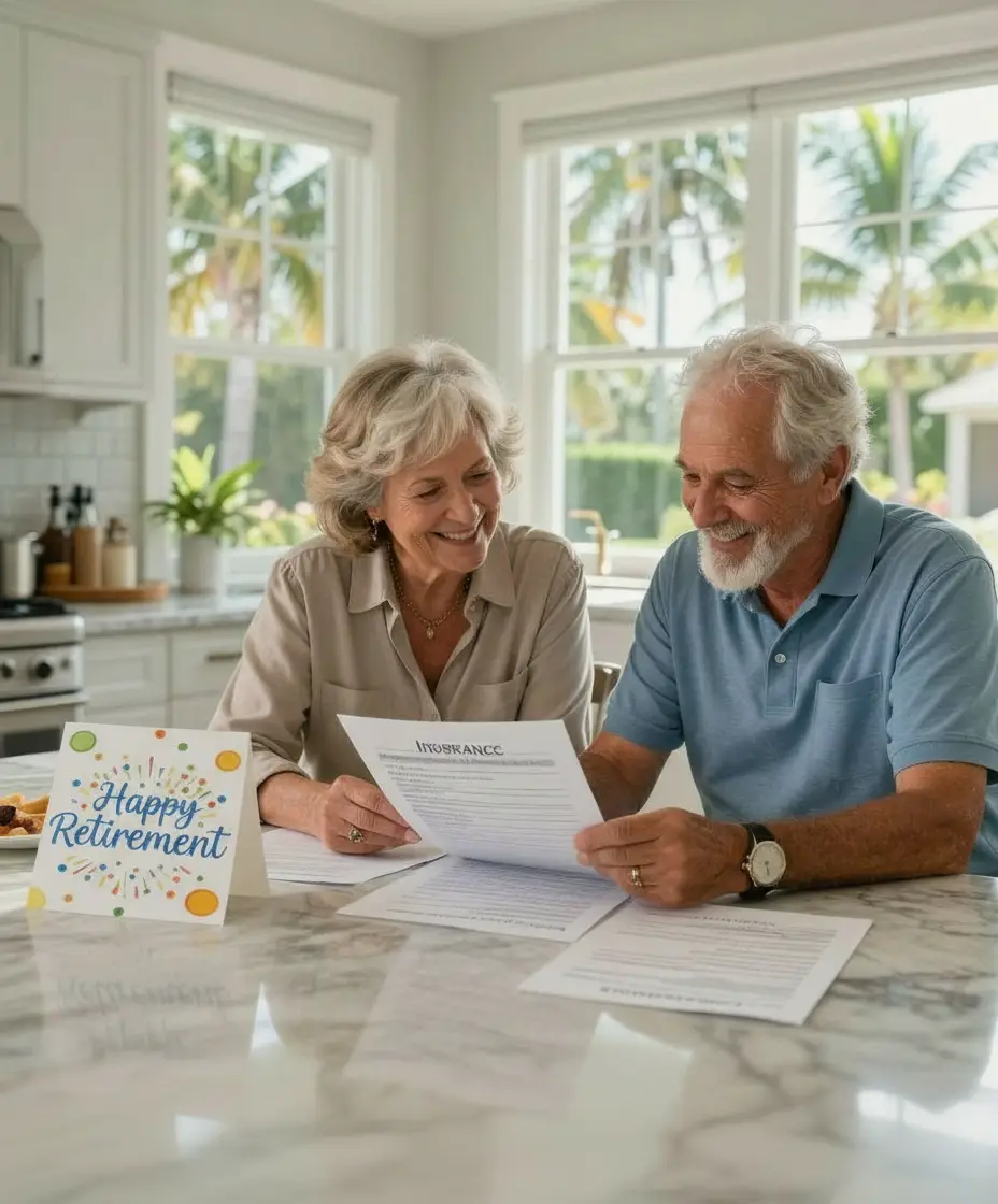 Senior couple reviewing lower auto insurance rates after retirement Florida.