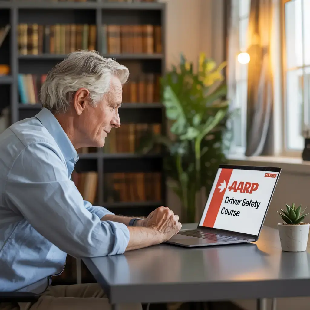 Senior taking online AARP driving course at home for insurance discount.