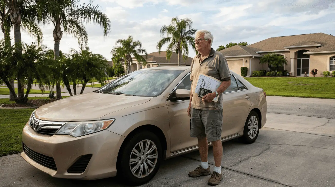 Senior evaluating insurance costs for older vehicles in Florida.