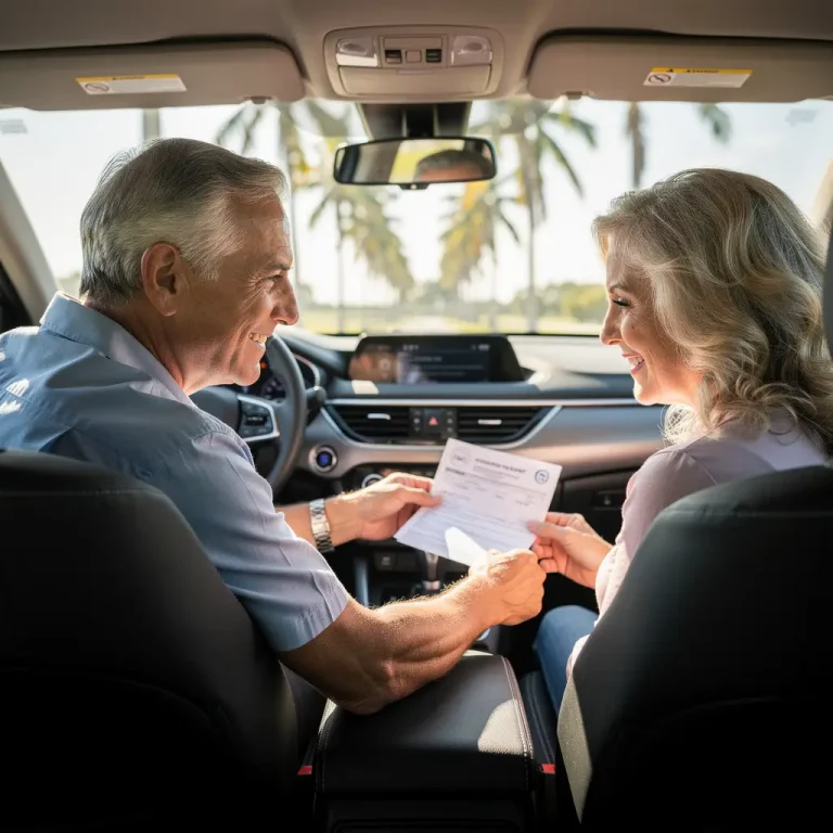 Senior couple reviewing car insurance documents in Florida.