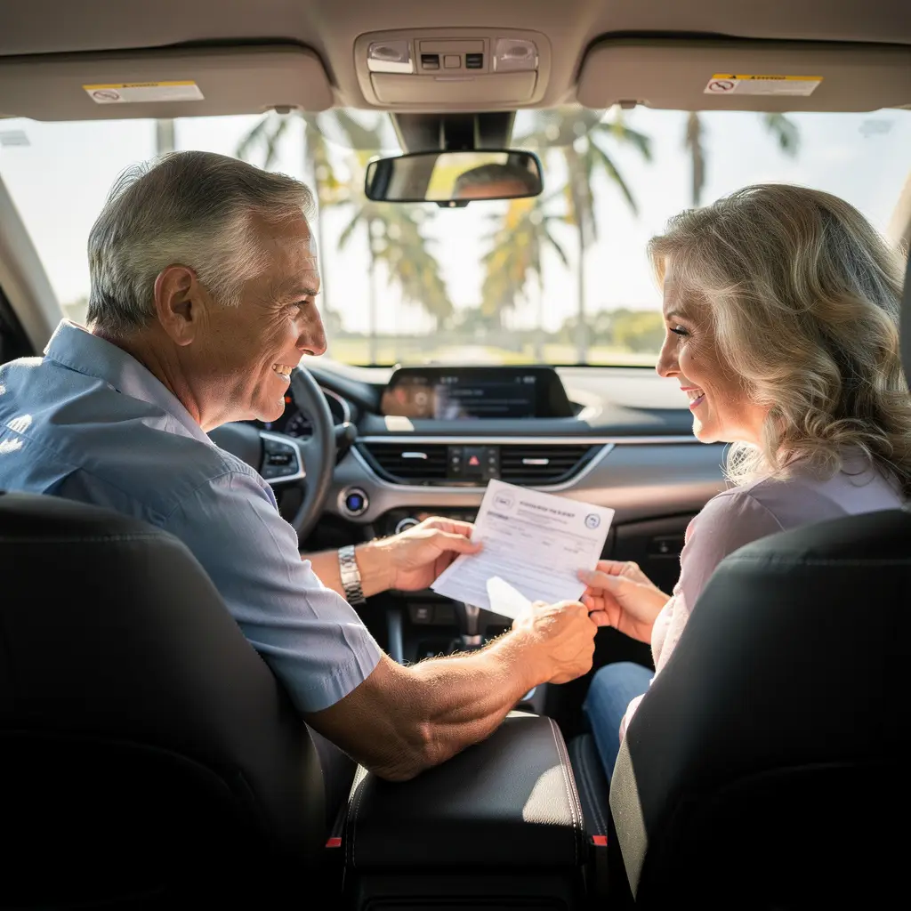 Senior couple reviewing car insurance documents in Florida.