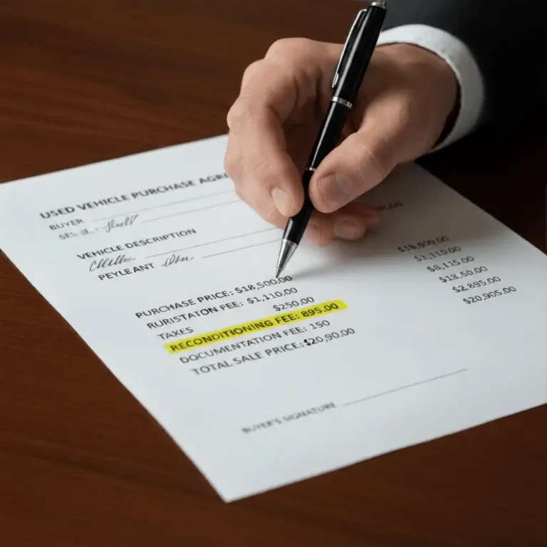 Hidden fees in used car deals highlighted on a dealership sales contract with a pen in hand