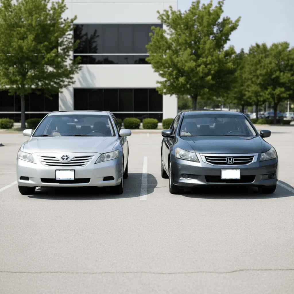 Toyota Camry and Honda Accord parked side by side for a reliability comparison of popular used sedans in 2026