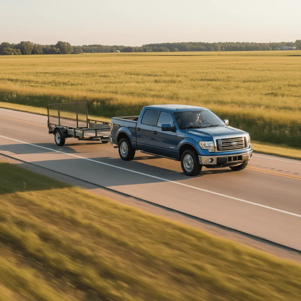 Pickup truck towing a utility trailer on a highway, representing used work trucks under $25,000 in 2026