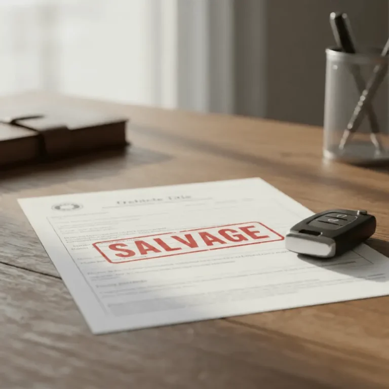Salvage title document stamped with SALVAGE — a major used car title problem