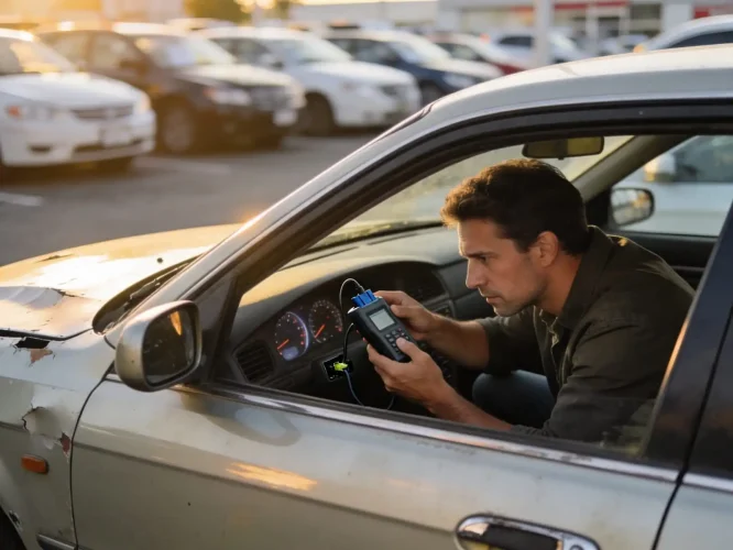 Buyer inspecting used car tire and body panel to avoid used car test drive mistakes