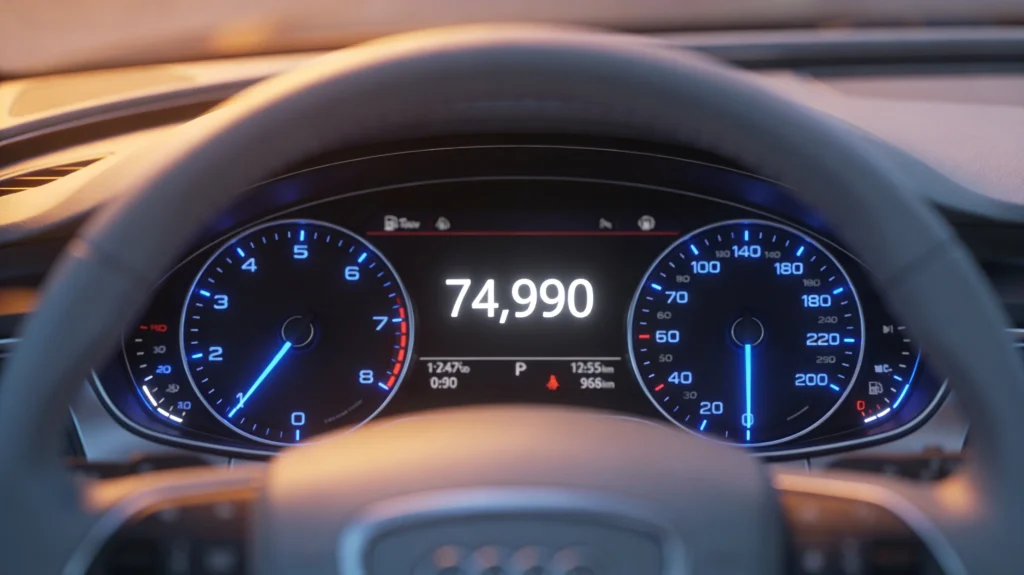 used car odometer showing mileage threshold impact on car value