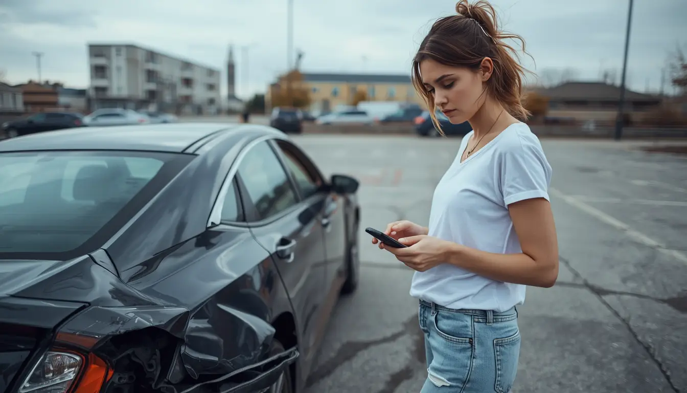 Young woman standing in a parking lot next to a car with a severely dented rear bumper, looking at her phone with a worried expression on an overcast day.