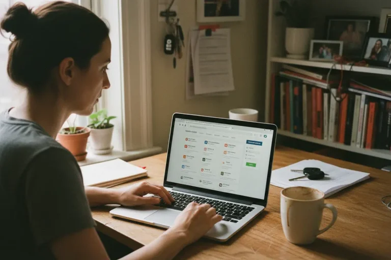 Woman sitting at home desk comparing cheap car insurance quotes on laptop with car keys and coffee nearby.