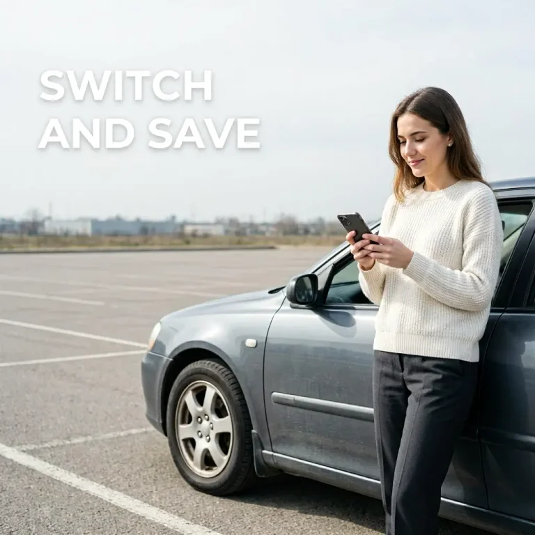 Young adult standing next to a used car holding keys and checking phone for insurance quotes